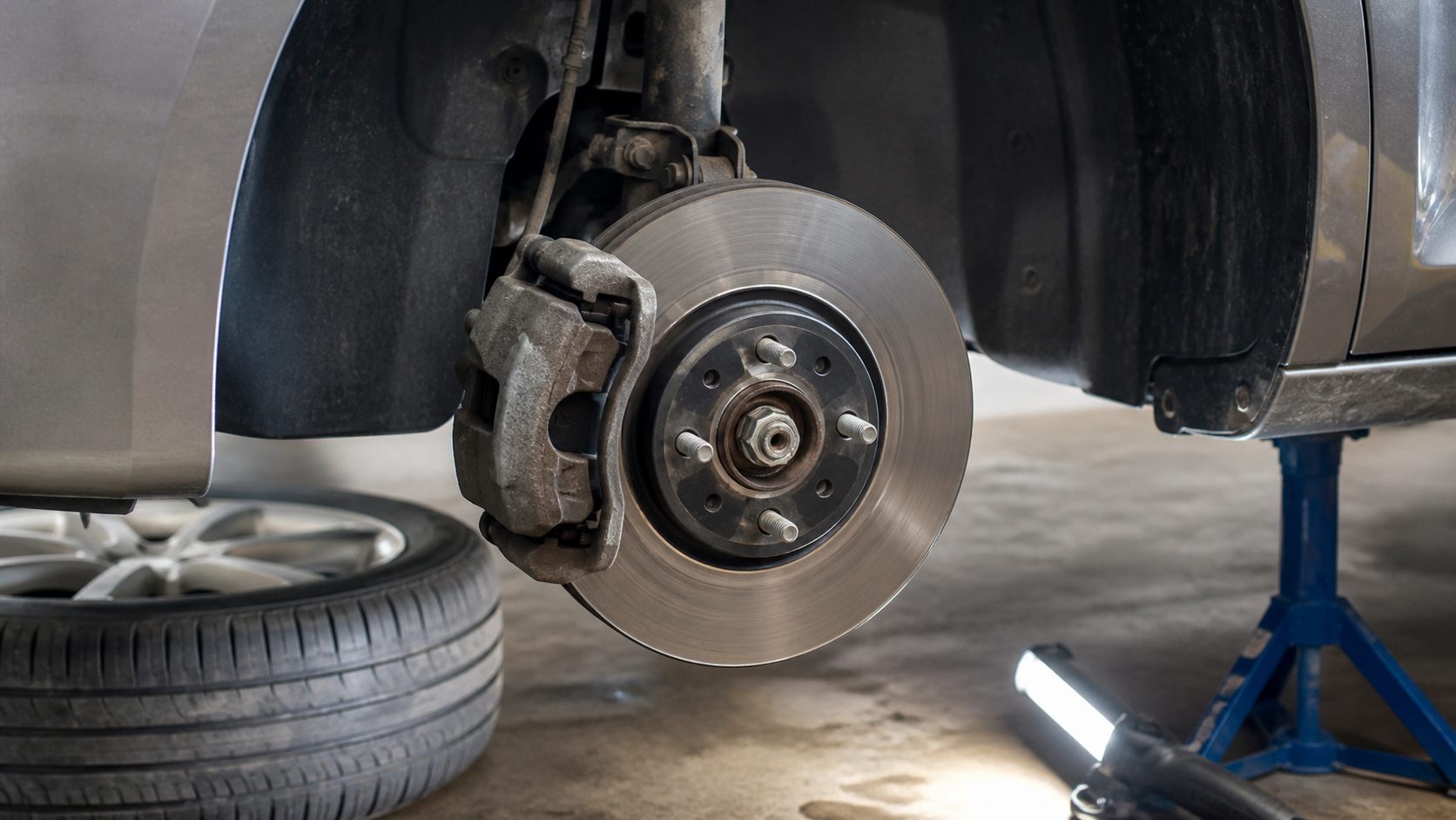 Brake disc and pad condition being inspected through a car wheel