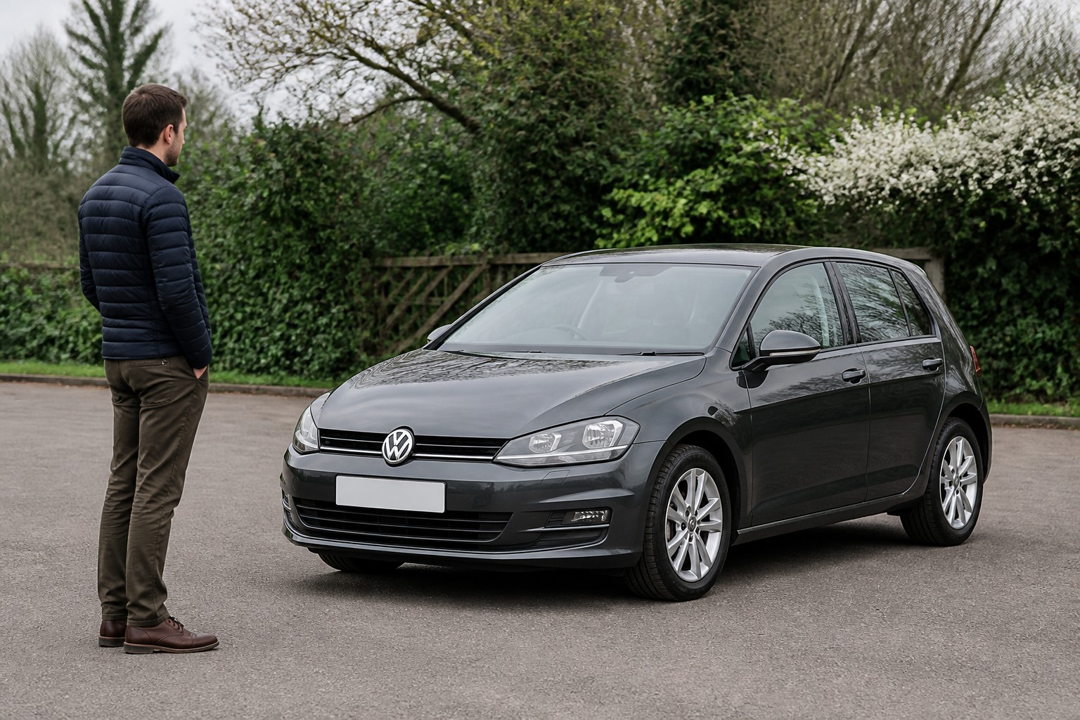 Buyer standing back to assess the complete shape, stance and panel fit of a used Volkswagen Golf