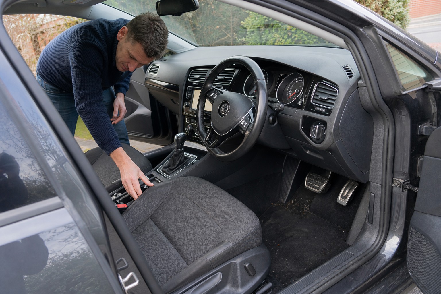 Buyer checking seat wear, pedals, steering wheel and switchgear in a right-hand-drive used Volkswagen Golf