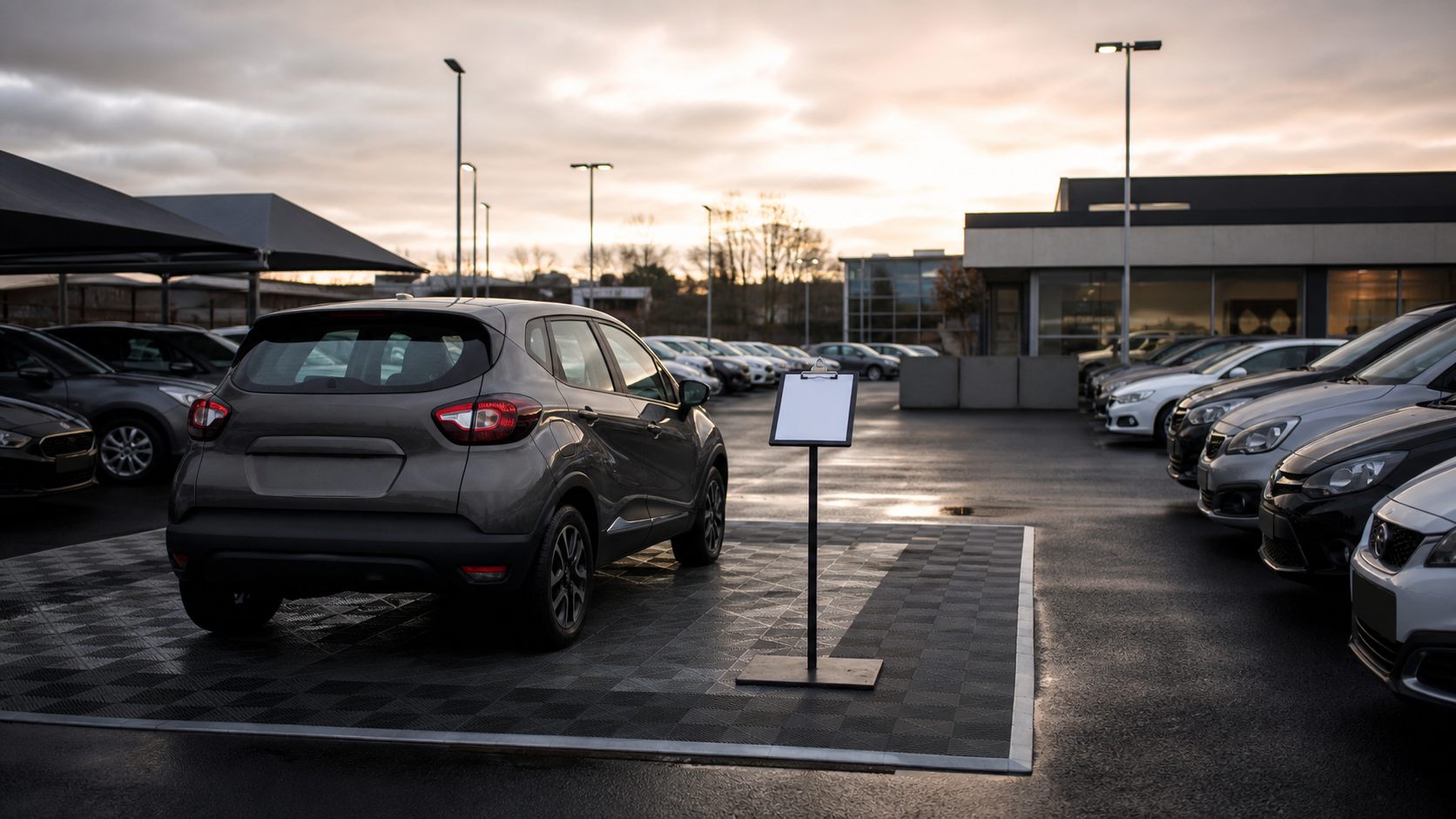 Used-car dealership forecourt with a vehicle appraisal bay