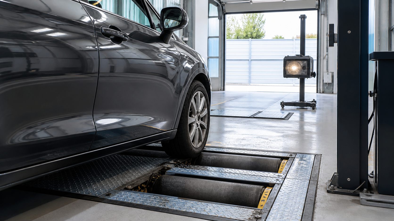 Used car on an MOT inspection bay while its test history is reviewed