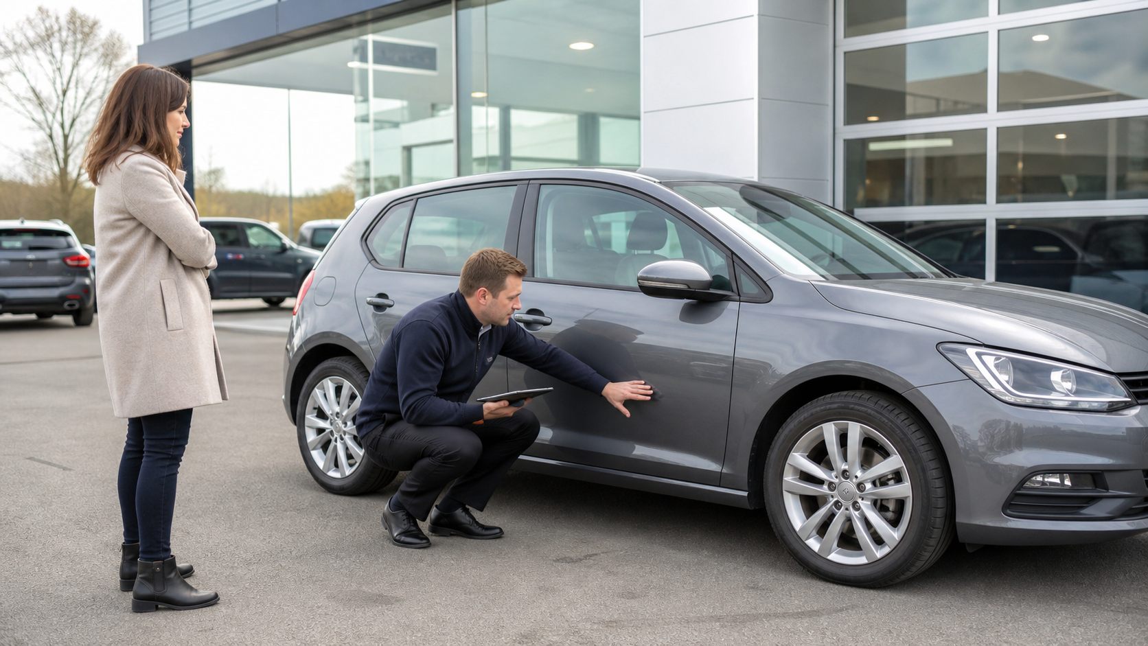 A dealership appraiser inspecting a customer’s car during a part-exchange valuation