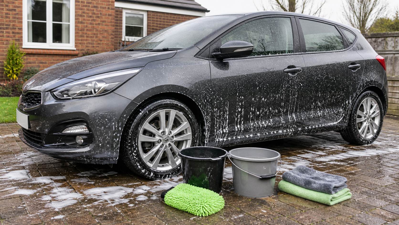 A family car being washed carefully with clean detailing equipment