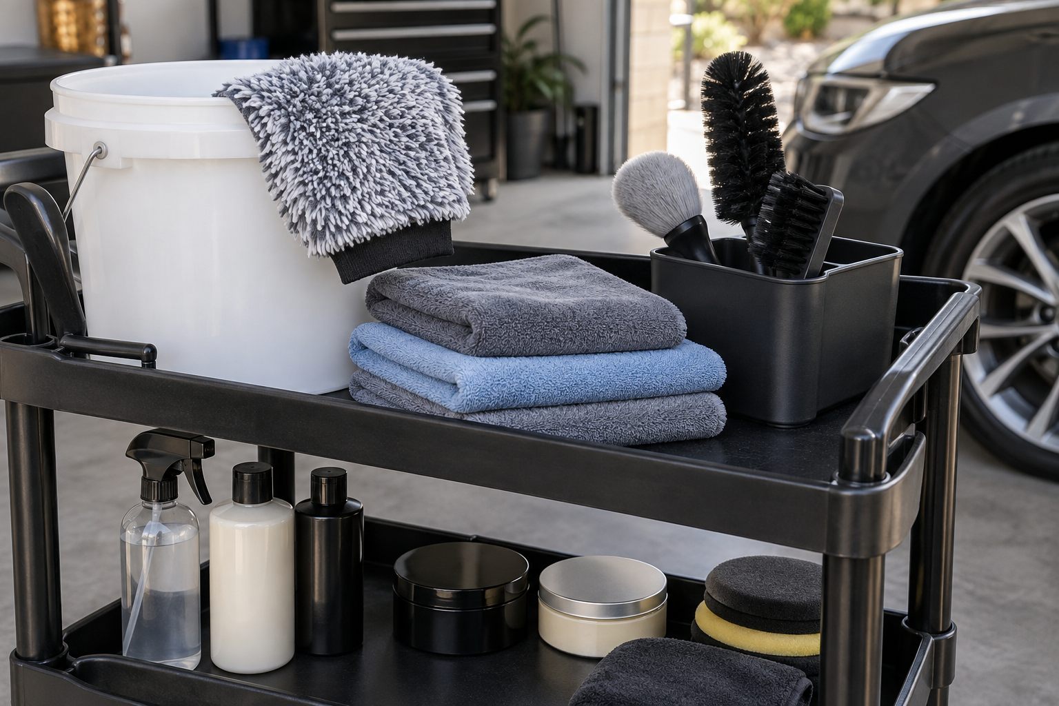 Clean wash mitt on a bucket edge with folded microfibre towels and separate wheel brushes on a detailing trolley