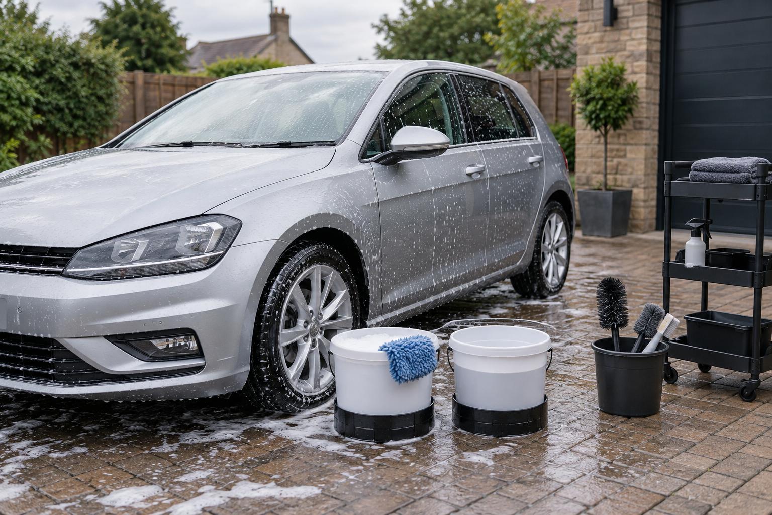 Clean silver hatchback being washed with separate buckets, a wash mitt on the bucket edge and wheel tools kept apart