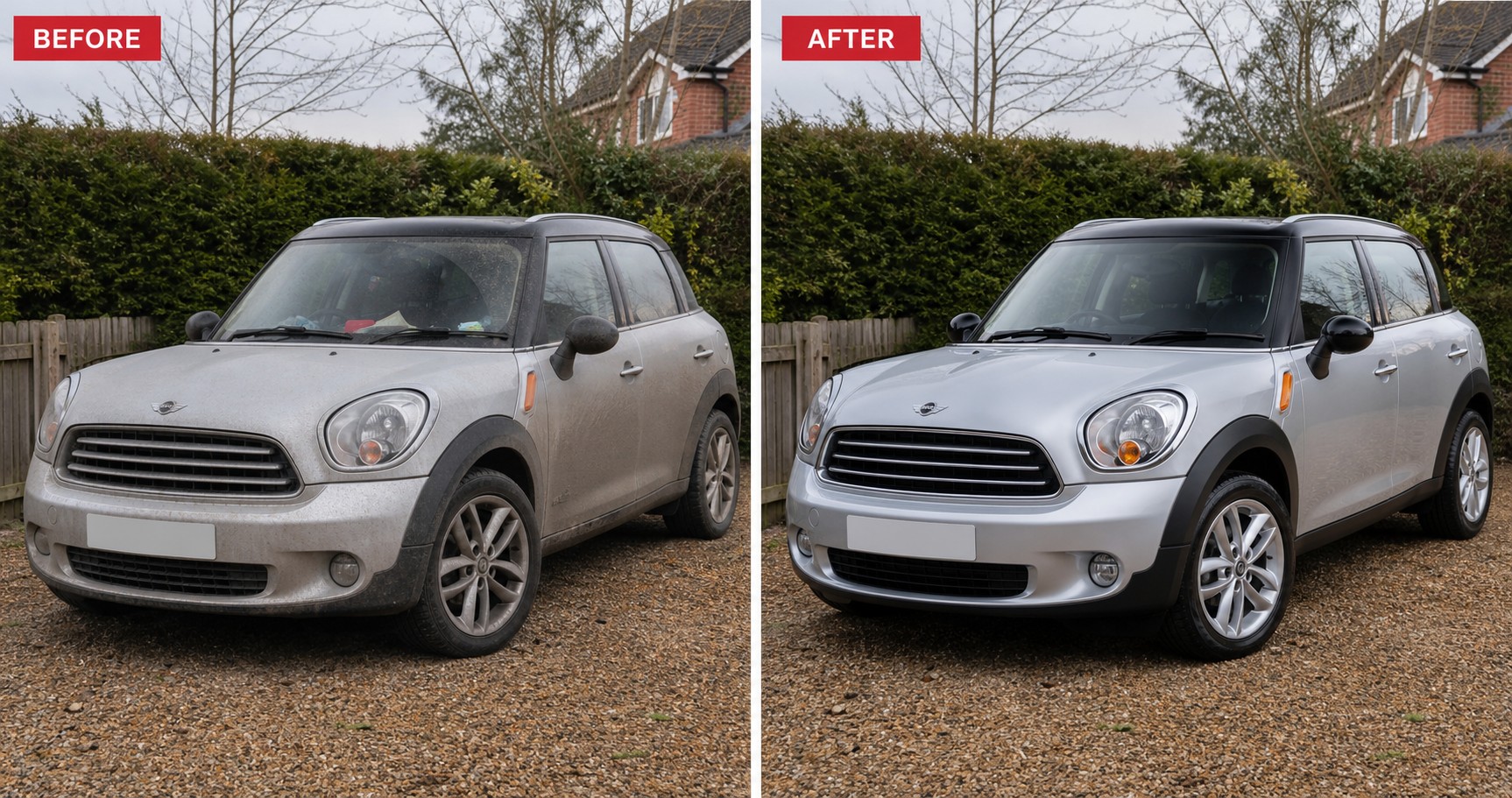 The same silver 2015 MINI Countryman before preparation and after being cleaned and presented for a private sale