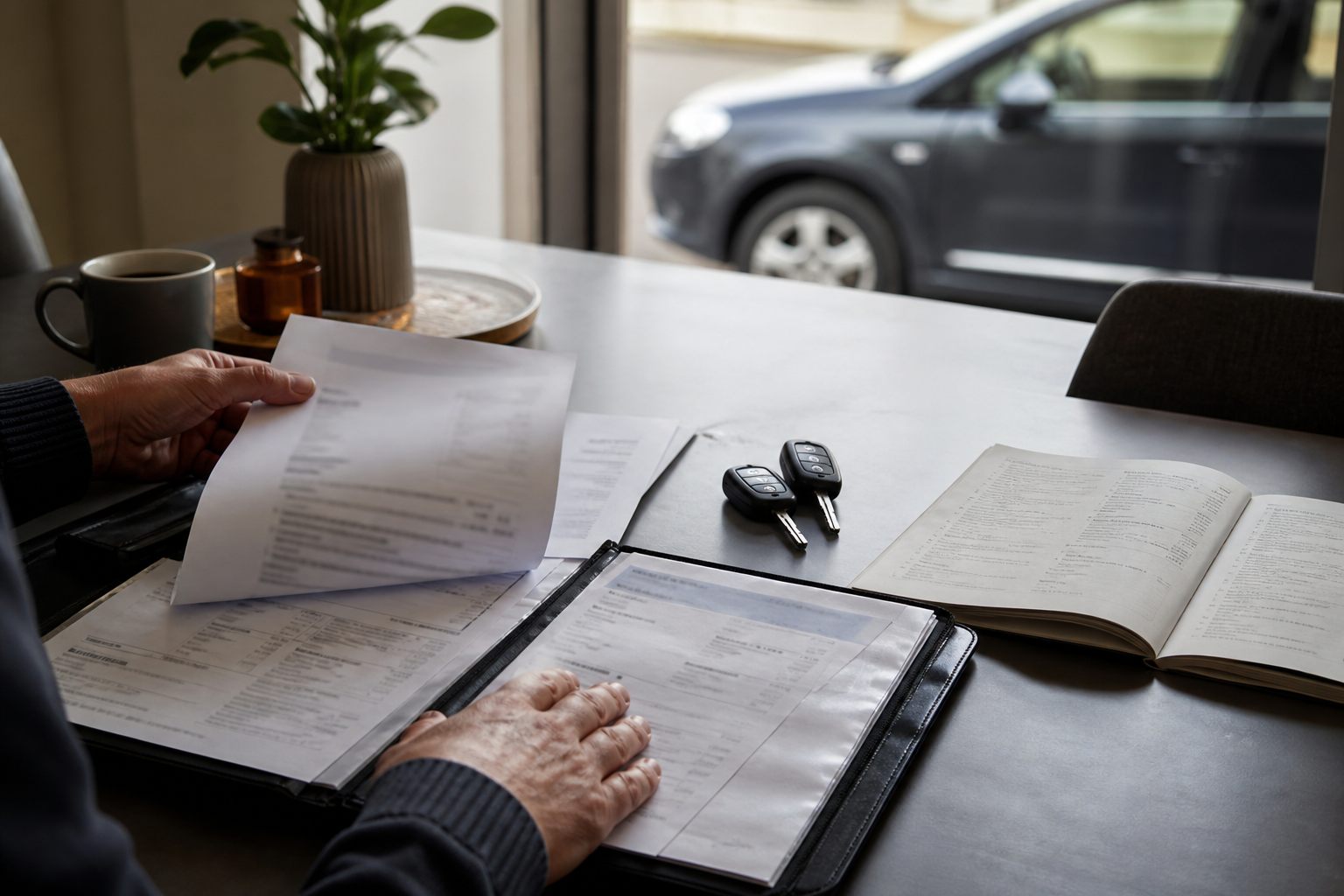 Service invoices, maintenance records and vehicle keys arranged for inspection
