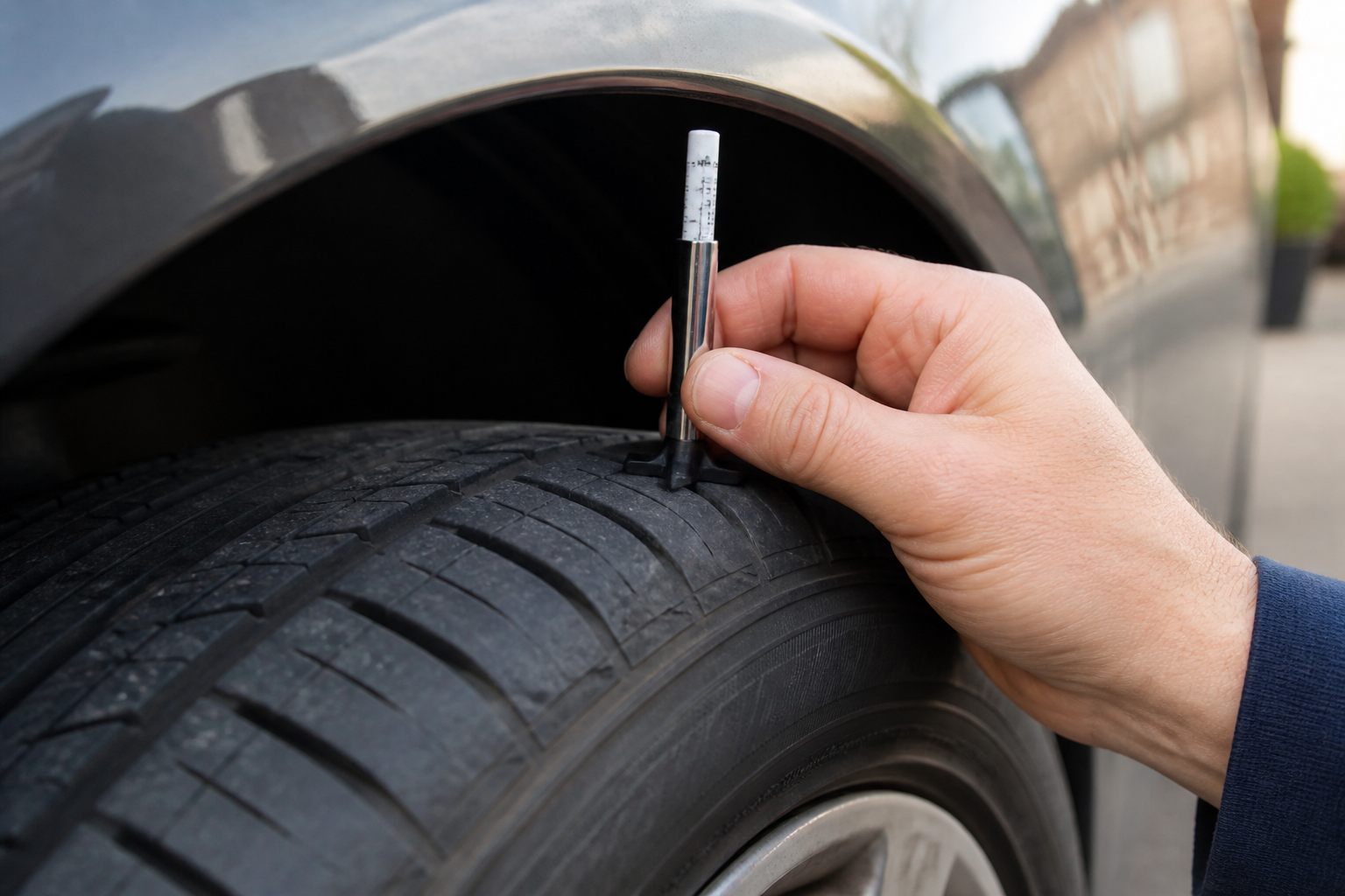 Tyre tread depth and condition being checked carefully with a tread gauge