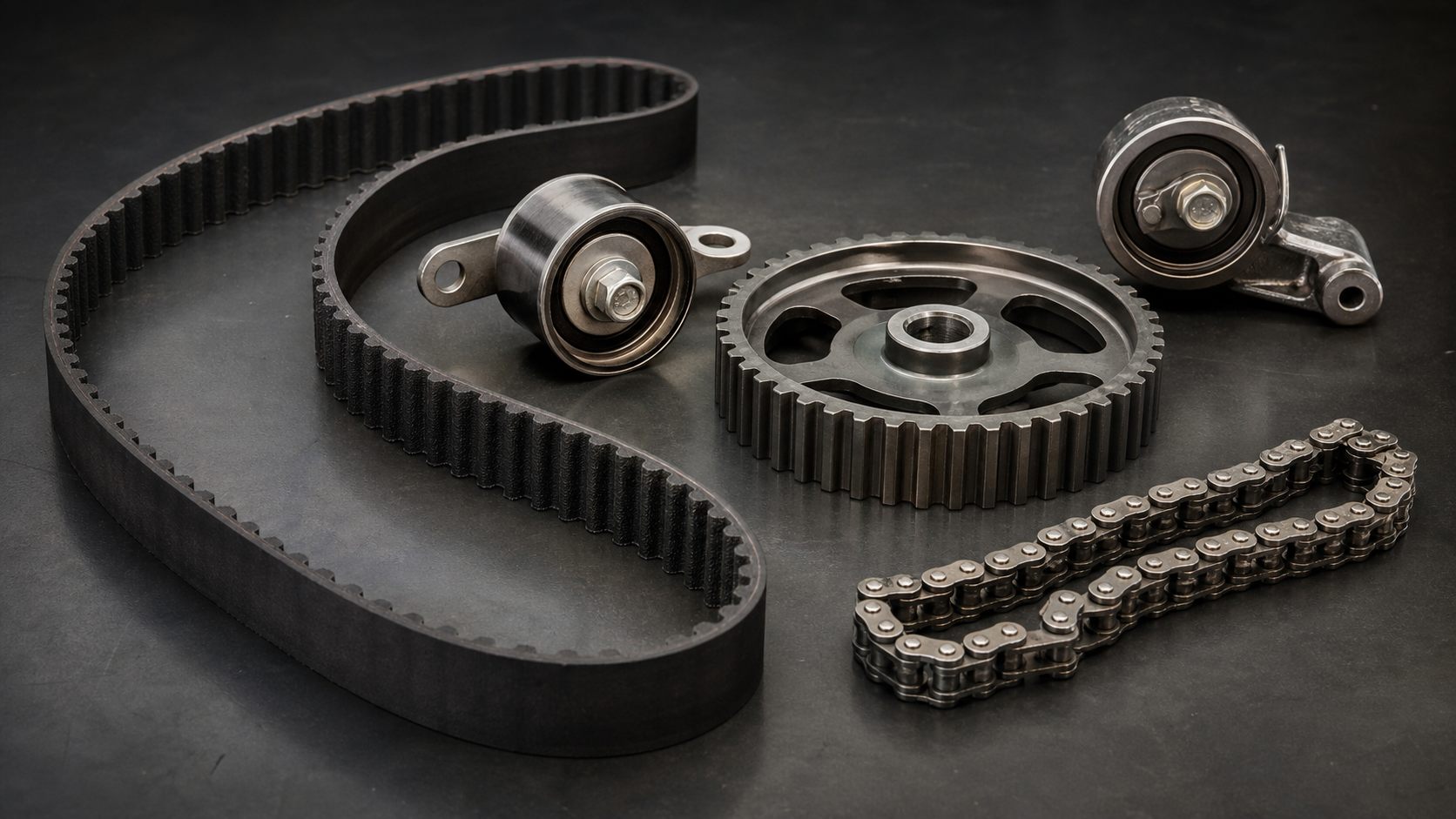 Timing belt, tensioners, pulleys and a timing chain arranged for comparison