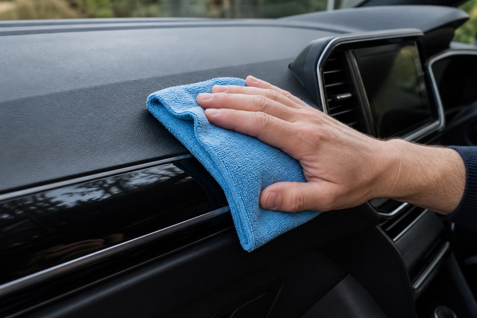 A dashboard being wiped with a clean blue microfibre cloth