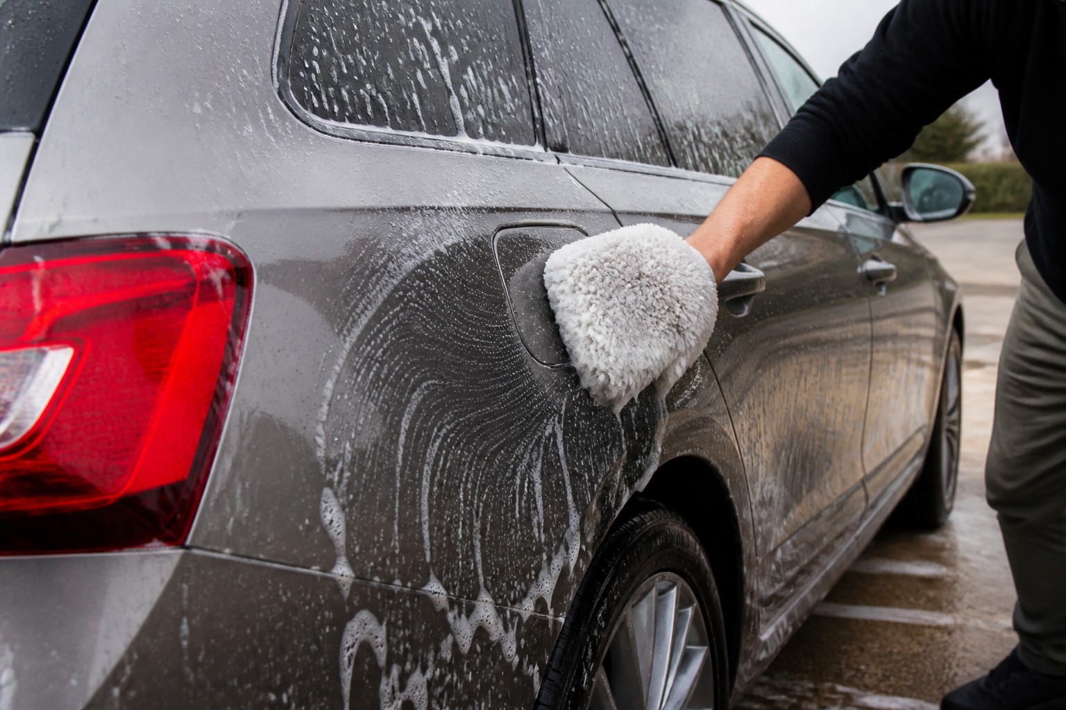 A car being carefully hand washed with a soft wash mitt