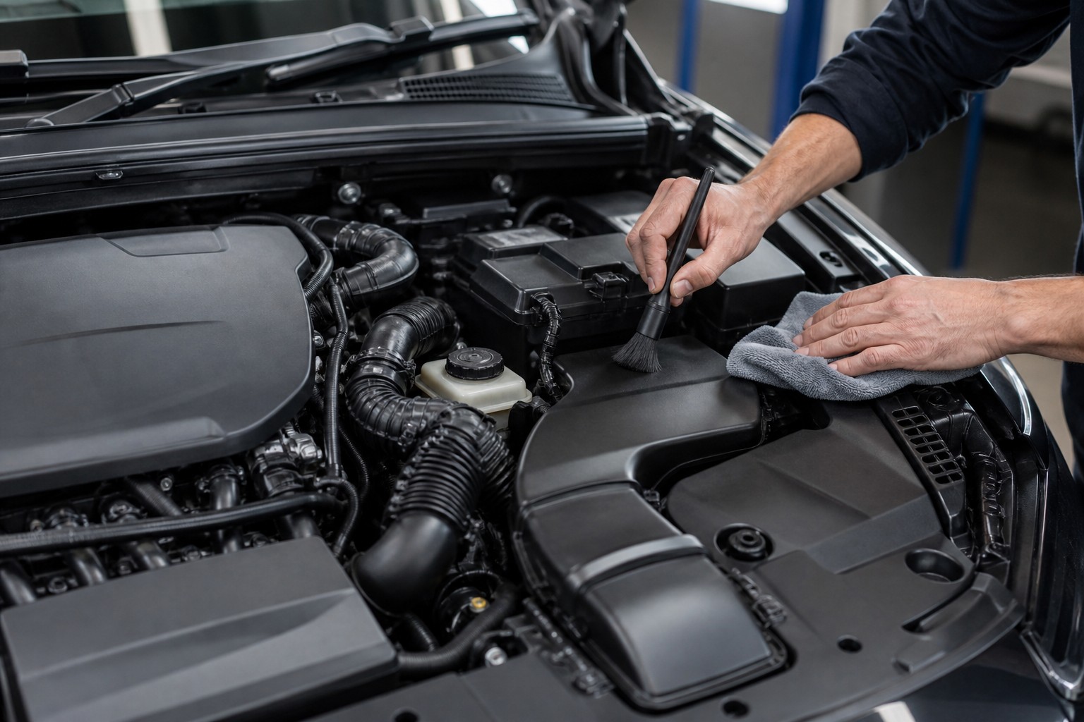 A modern engine bay being carefully cleaned with a detailing brush and cloth