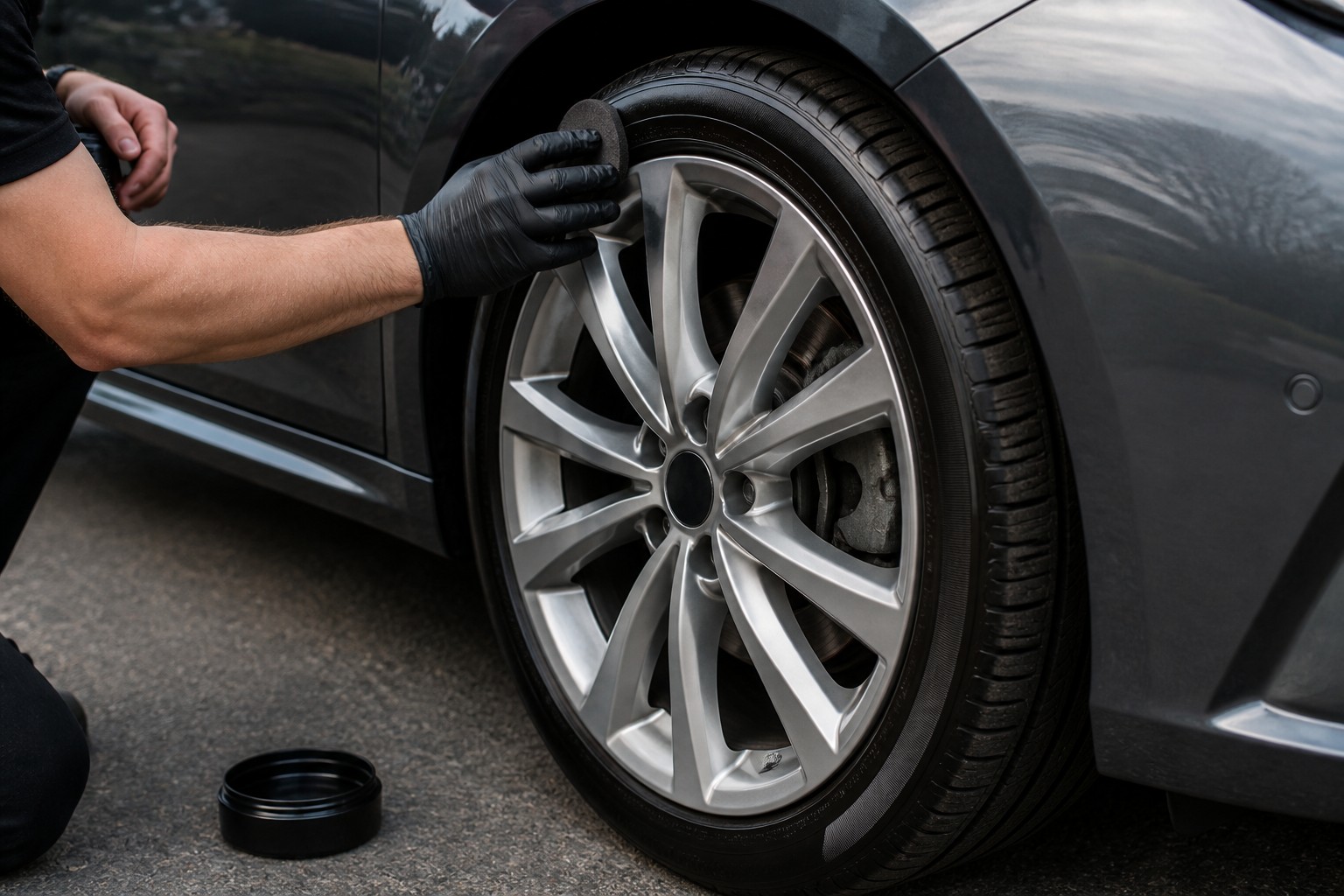 Tyre dressing being applied carefully to a clean tyre sidewall